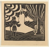 Artist: b'Beal, Ian.' | Title: b'Figure facing castle.' | Date: c.1936 | Technique: b'linocut, printed in black ink, from one block'