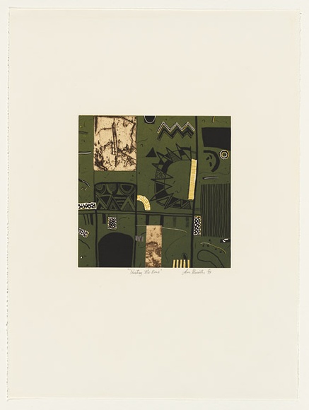 Artist: b'Pericles, Leon.' | Title: b'Pointing the bone' | Date: 1988 | Technique: b'linocut, printed in colour, from mutliple blocks; collage' | Copyright: b'\xc2\xa9 Leon Pericles'