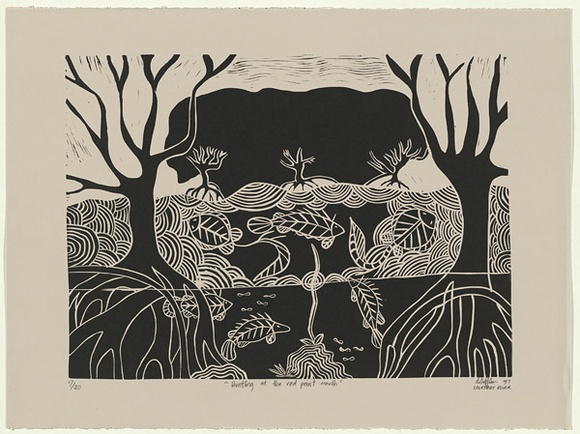 Artist: b'Hobson, Silas.' | Title: b'Hunting at the red point mouth' | Date: 1997, July | Technique: b'linocut, printed in black ink, from one block'
