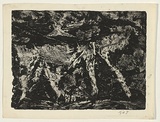 Title: not titled [deeply bitten etching of abstract shapes, reminiscent of sail boats on ocean] | Date: c.1960 | Technique: softground-etching, aquatint and open-biting, printed in black ink, from one plate