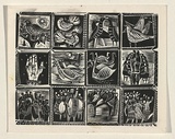 Title: not titled [twelve squares: birds, hands and bands] | Date: 1960s | Technique: wood-engraving, printed in black ink, from one block