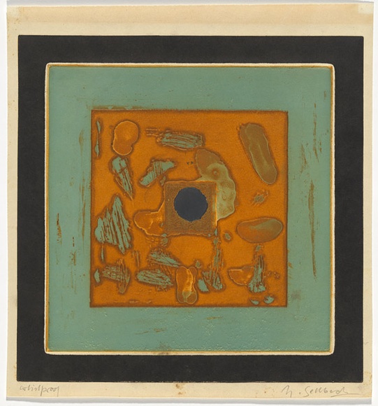 Artist: b'SELLBACH, Udo' | Title: b'(Blue circle)' | Date: (1967) | Technique: b'etching, aquatint printed in colour from two?  plates'