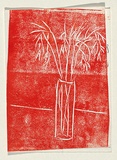 Title: b'Card: [vase of bamboo]' | Technique: b'linocut, printed in red ink, from one block'