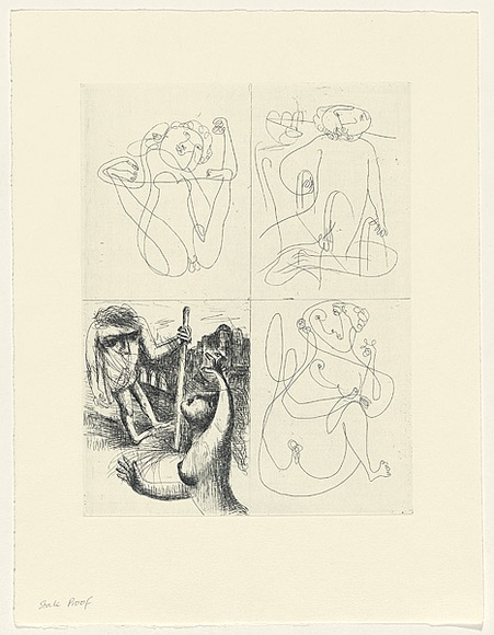 Artist: b'Shead, Garry.' | Title: b'not titled [four drawings of figures]' | Date: c.1998 | Technique: b'drypoint, printed in black ink, from one plate' | Copyright: b'\xc2\xa9 Garry Shead'