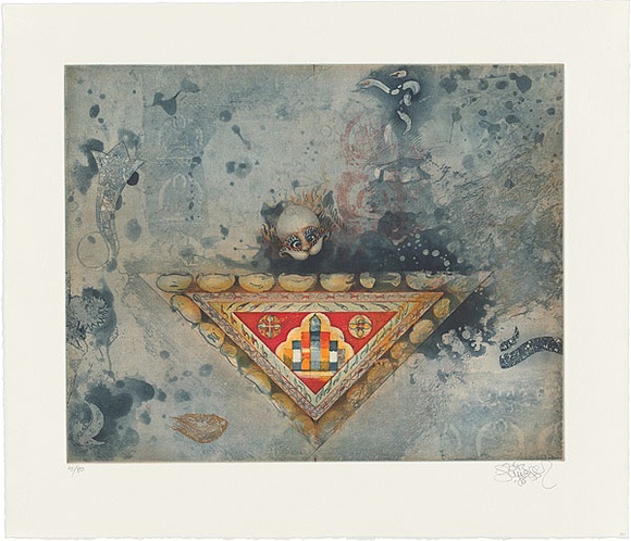 Artist: b'SCHMEISSER, Jorg' | Title: b'Fragments with triangle' | Date: 1986 | Technique: b'softground-etching transfer aquatint, printed in colour, from three plates' | Copyright: b'\xc2\xa9 J\xc3\xb6rg Schmeisser'