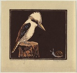 Title: b'Kookaburra and snail' | Date: c.1930 | Technique: b'linocut, printed in colour, from multiple blocks'