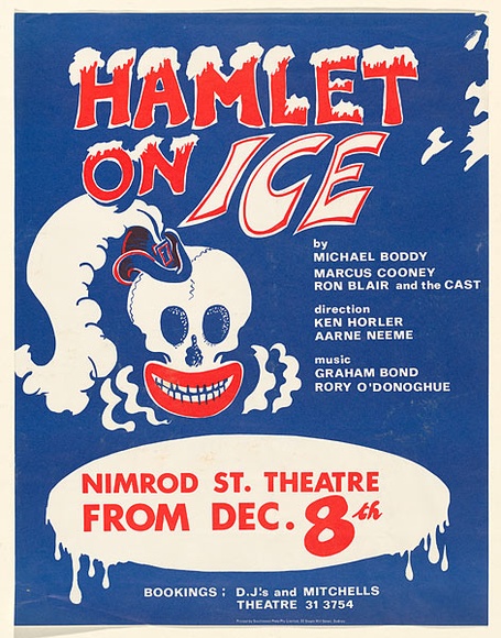 Artist: b'Dawson, Janet.' | Title: b'Hamlet on Ice, Nimrod Street Theatre, Sydney.' | Date: 1971 | Technique: b'screenprint, printed in colour, from two stencils' | Copyright: b'\xc2\xa9 Janet Dawson. Licensed by VISCOPY, Australia'