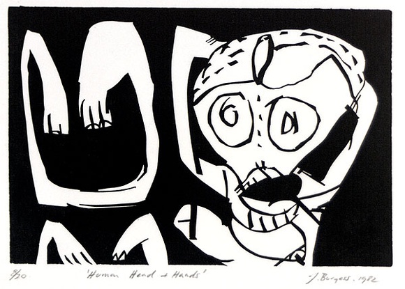 Artist: b'Burgess, Jeff.' | Title: b'Human head and hands.' | Date: 1982 | Technique: b'linocut, printed in black ink, from one block'