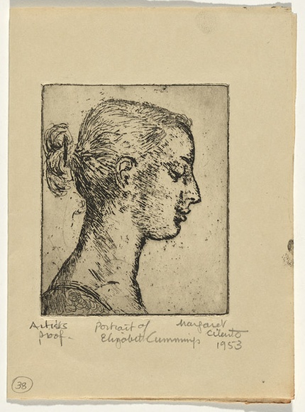 Artist: b'Cilento, Margaret.' | Title: b'Portrait of Elizabeth Cummings.' | Date: 1953 | Technique: b'etching, printed in black ink, from one  plate'