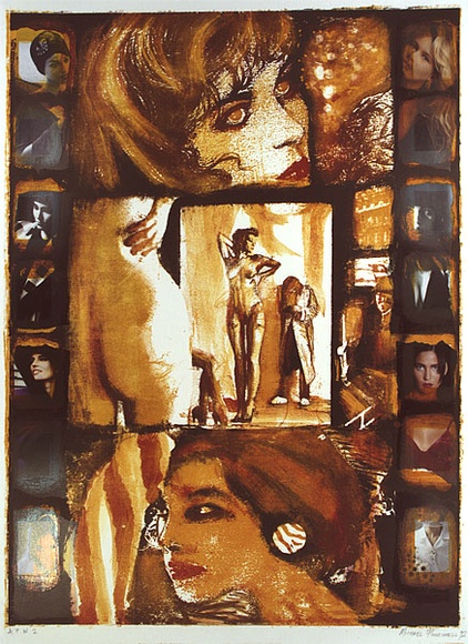 Artist: b'Florrimell, Michael.' | Title: b'not titled [fragments of nude woman in orange with collaged photographs]' | Date: 1992 | Technique: b'photo-lithograph, printed in colour, from multiple stones'