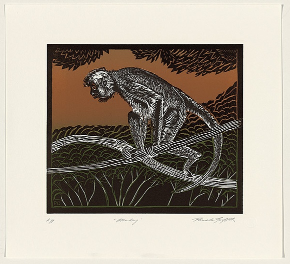 Title: b'Monkey' | Date: 2008 | Technique: b'linocut, printed in colour, from multiple blocks; embossed'