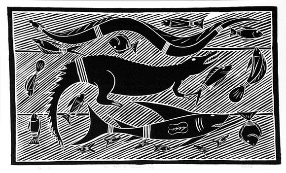 Artist: b'Marika, Banduk.' | Title: b'Baru, Marna ga buthurumirri barpi' | Date: 1986 | Technique: b'linocut, printed in black ink, from one block'