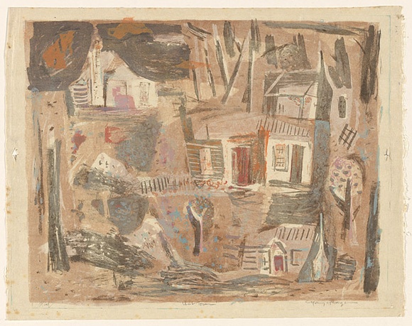 Artist: b'MACQUEEN, Mary' | Title: b'Ghost town' | Date: 1964 | Technique: b'lithograph, printed in colour on recto and verso, from multiple plates' | Copyright: b'Courtesy Paulette Calhoun, for the estate of Mary Macqueen'