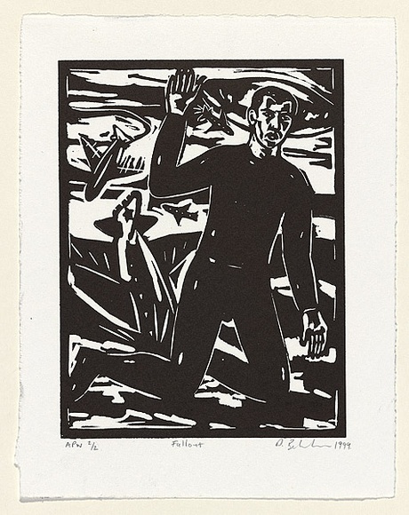 Artist: b'Belvedere, Dominic.' | Title: b'Fallout' | Date: 1999, November | Technique: b'linocut, printed in black ink, from one block'