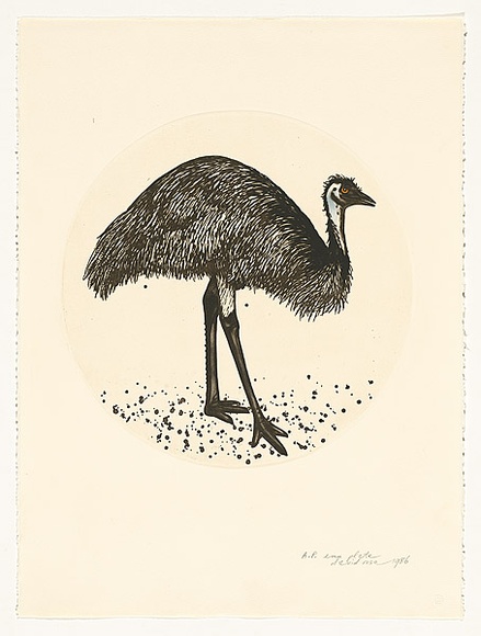 Artist: b'ROSE, David' | Title: b'Emu plate' | Date: 1986 | Technique: b'aquatint, printed in black ink, from one plate; hand-coloured'