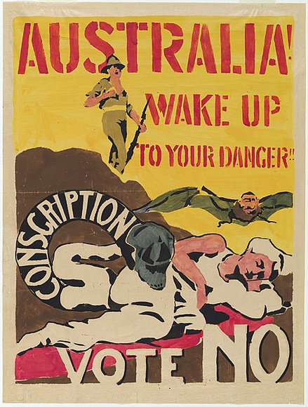 Artist: b'UNKNOWN' | Title: b'Australia! Wake up to your danger!!.' | Date: c.1917 | Technique: b'stencil, printed in colour, from multiple hand-cut stencils'