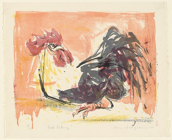 Artist: b'MACQUEEN, Mary' | Title: b'Cock resting' | Date: 1971 | Technique: b'lithograph, printed in colour, from multiple plates' | Copyright: b'Courtesy Paulette Calhoun, for the estate of Mary Macqueen'