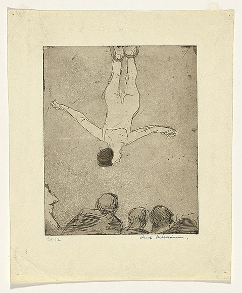 Artist: b'WILLIAMS, Fred' | Title: b'Trapeze' | Date: 1955-56 | Technique: b'etching, drypoint and aquatint, printed in black ink, from one copper plate' | Copyright: b'\xc2\xa9 Fred Williams Estate'