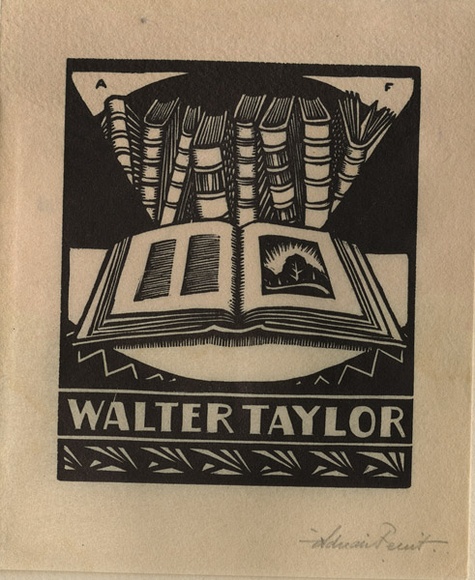 Artist: b'FEINT, Adrian' | Title: b'Bookplate: Walter Taylor.' | Date: (1927) | Technique: b'wood-engraving, printed in black ink, from one block' | Copyright: b'Courtesy the Estate of Adrian Feint'