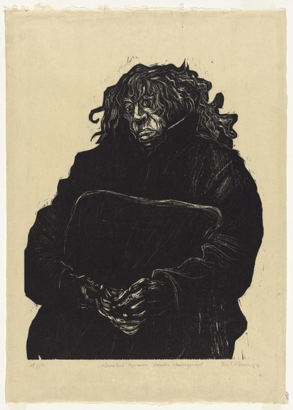 Artist: b'AMOR, Rick' | Title: b'Homeless woman London underground.' | Date: 1987 | Technique: b'woodcut, printed in black ink, from one block'