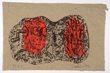 Artist: b'LINES, Tim' | Title: b'not titled [black oblong shape with orange circles]' | Date: 1992, June | Technique: b'woodcut, printed in black ink, over orange stamped background, from 1 block and 1 stamp'