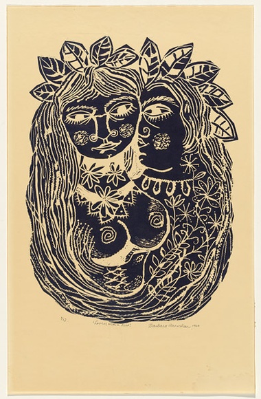 Artist: b'HANRAHAN, Barbara' | Title: b'Lovers with a bird' | Date: 1960 | Technique: b'linocut, printed in blue ink, from one block'