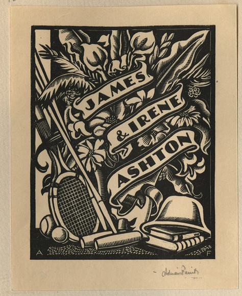 Artist: b'FEINT, Adrian' | Title: b'Bookplate: James & Irene Ashton.' | Date: (1935) | Technique: b'wood-engraving, printed in black ink, from one block' | Copyright: b'Courtesy the Estate of Adrian Feint'