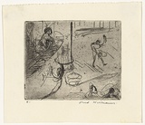Artist: b'WILLIAMS, Fred' | Title: b'Juggling act' | Date: 1955-56 | Technique: b'etching, engraving, drypoint and rough biting, printed in black ink, from one zinc plate' | Copyright: b'\xc2\xa9 Fred Williams Estate'