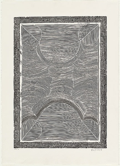 Artist: b'Cherel, Kumanjayi (Butcher).' | Title: b'Galaroo III [Rainbow serpent III]' | Date: 1998 | Technique: b'linocut, printed in black ink, from one block'