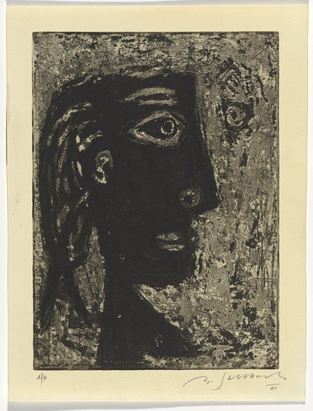 Artist: b'SELLBACH, Udo' | Title: b'(Head)' | Date: 1961 | Technique: b'etching, aquatint, foul biting printed in black ink, from one  plate with plate-tone'