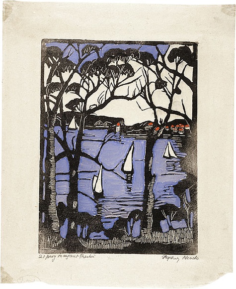 Artist: b'PRESTON, Margaret' | Title: b'Mosman Bay, Sydney Harbour' | Date: c.1927 | Technique: b'woodcut, printed in black ink, from one block; hand-coloured' | Copyright: b'\xc2\xa9 Margaret Preston. Licensed by VISCOPY, Australia'