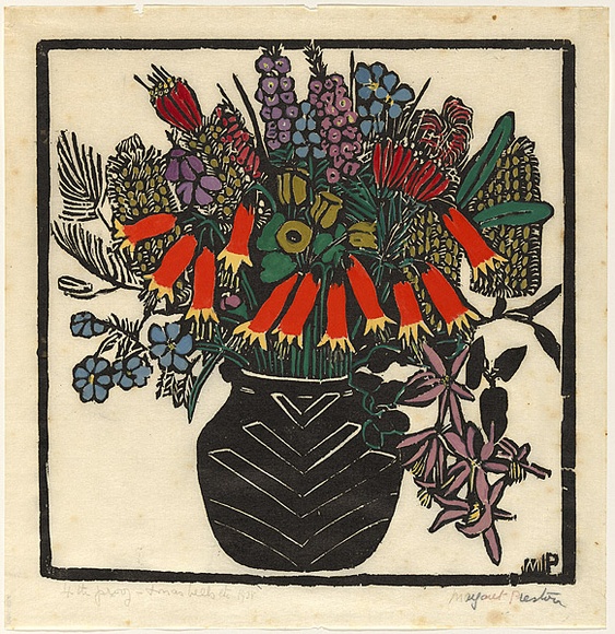 Artist: b'PRESTON, Margaret' | Title: b'Christmas bells' | Date: 1925 | Technique: b'woodcut, printed in black ink, from one block; hand-coloured' | Copyright: b'\xc2\xa9 Margaret Preston. Licensed by VISCOPY, Australia'