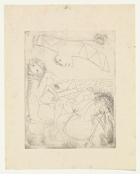 Artist: b'BOYD, Arthur' | Title: b'Bert Hinkler; his wife and lion and letter.' | Date: (1968-69) | Technique: b'etching, printed in black ink, from one plate' | Copyright: b'Reproduced with permission of Bundanon Trust'