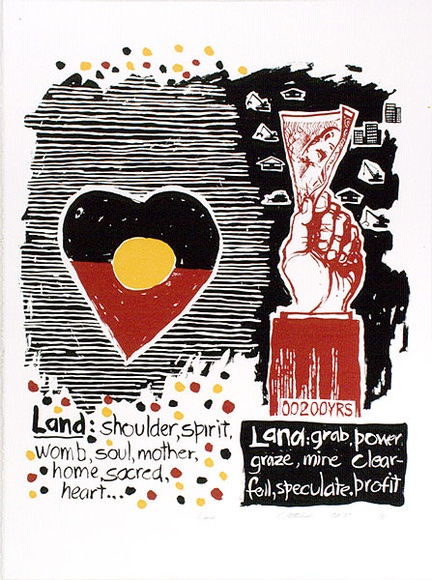 Artist: b'Clutterbuck, Bob.' | Title: b'Land.' | Date: 1987 | Technique: b'screenprint, printed in colour, from three stencils'