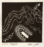 Artist: b'JOSE, Ellen' | Title: b'not titled [abstracted landscape design of leaves and geometric patterns]' | Date: 1987, May? | Technique: b'linocut, printed in black ink, from one block'