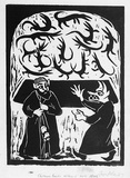 Artist: Allen, Joyce. | Title: (Wizard Agonis protecting Pai Korri and Winnie from Wizard Lambertia) (Illustration 7). | Date: 1987 | Technique: linocut, printed in black ink, from one block; additions in black fibre-tipped pen