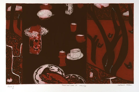 Artist: b'Hattam, Katherine.' | Title: b'Food and water II morning' | Date: 1998, September | Technique: b'etching and aquatint, printed in colour, from multiple plates; handcoloured'