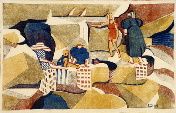 Artist: b'Black, Dorrit.' | Title: b'On the rocks.' | Date: 1935 | Technique: b'linocut, printed  in colour, from five blocks (yellow ochre, orange, crimson, light grey, cobalt blue)'