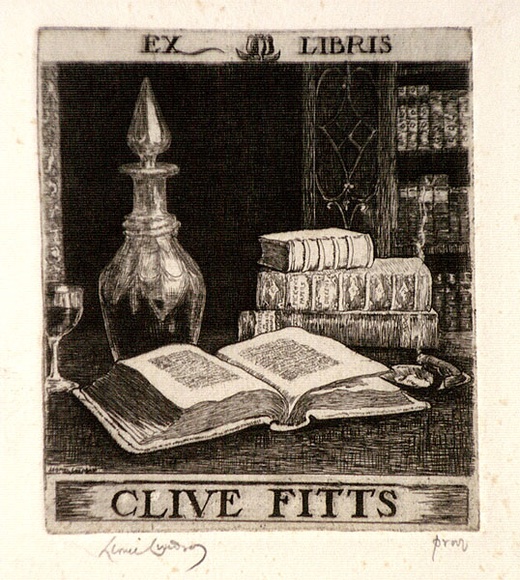 Artist: b'LINDSAY, Lionel' | Title: b'Book plate: Clive Fitts' | Date: 1945, October | Technique: b'etching, printed in black ink, from one plate' | Copyright: b'Courtesy of the National Library of Australia'