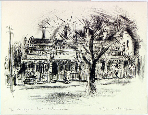 Artist: b'MACQUEEN, Mary' | Title: b'Terrace, East Melbourne' | Date: 1956 | Technique: b'lithograph, printed in black ink, from one plate' | Copyright: b'Courtesy Paulette Calhoun, for the estate of Mary Macqueen'