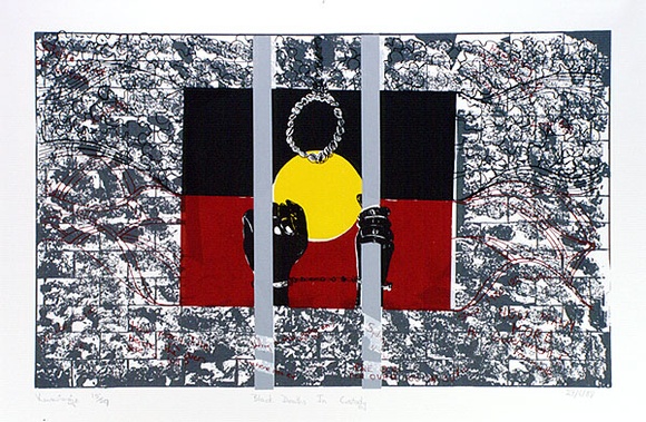 Artist: b'Kunwingie.' | Title: b'Black deaths in custody' | Date: 1988 | Technique: b'screenprint, printed in colour, from multiple stencils'