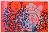 Artist: b'PHIBS,' | Title: b'Blue heart (on orange).' | Date: 2004 | Technique: b'stencil, printed in colour, from multiple stencils; texta marker; paint'