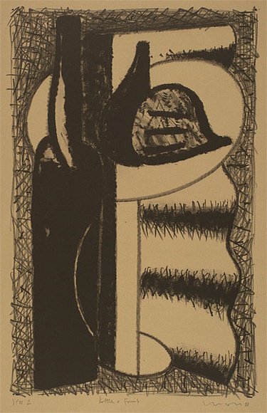 Artist: b'Lincoln, Kevin.' | Title: b'Bottle and fruit' | Date: 1988 | Technique: b'lithograph, printed in black ink, from one stone'