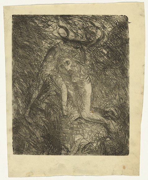 Artist: b'BOYD, Arthur' | Title: b'Kneeling nude with beast II.' | Date: (1962-63) | Technique: b'etching and aquatint, printed in black ink, from one plate' | Copyright: b'Reproduced with permission of Bundanon Trust'