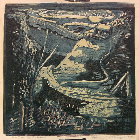 Artist: b'ROSENGRAVE, Harry' | Title: b'The house by the moon' | Date: 1954 | Technique: b'linocut, printed in colour, from five blocks'