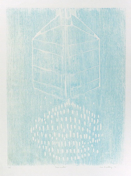 Artist: b'Buckley, Sue.' | Title: b'Rain maker.' | Date: 1972 | Technique: b'woodcut, printed in blue ink, from one block' | Copyright: b'This work appears on screen courtesy of Sue Buckley and her sister Jean Hanrahan'