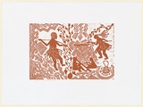Artist: WILFRED, Rex | Title: Corroboree for person passed away | Date: c.2001 | Technique: linocut, printed in brown ink, from one block