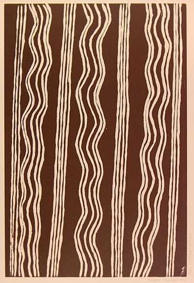 Artist: b'Tjupurrula, Turkey Tolsen' | Title: b'Water story' | Date: 1992 | Technique: b'linocut, printed in brown ink, from one block'