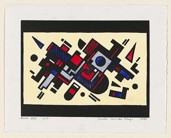 Artist: b'van der Sluys, Leslie.' | Title: b'Anno MM' | Date: 1999 | Technique: b'linocut, printed in black ink, from one block; hand-coloured'