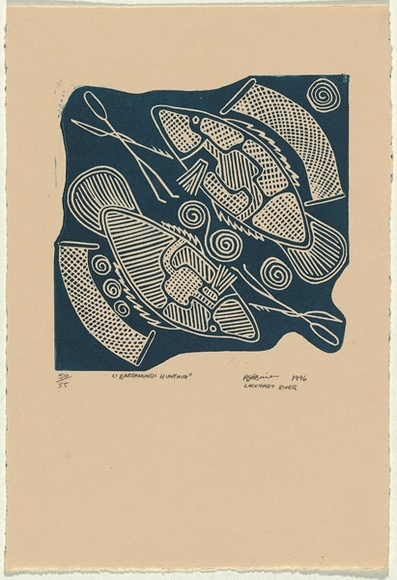 Artist: bO'BRIEN, Richard | Title: b'Barramundi hunting' | Date: 1996 | Technique: b'linocut, printed in dark blue ink, from one block'